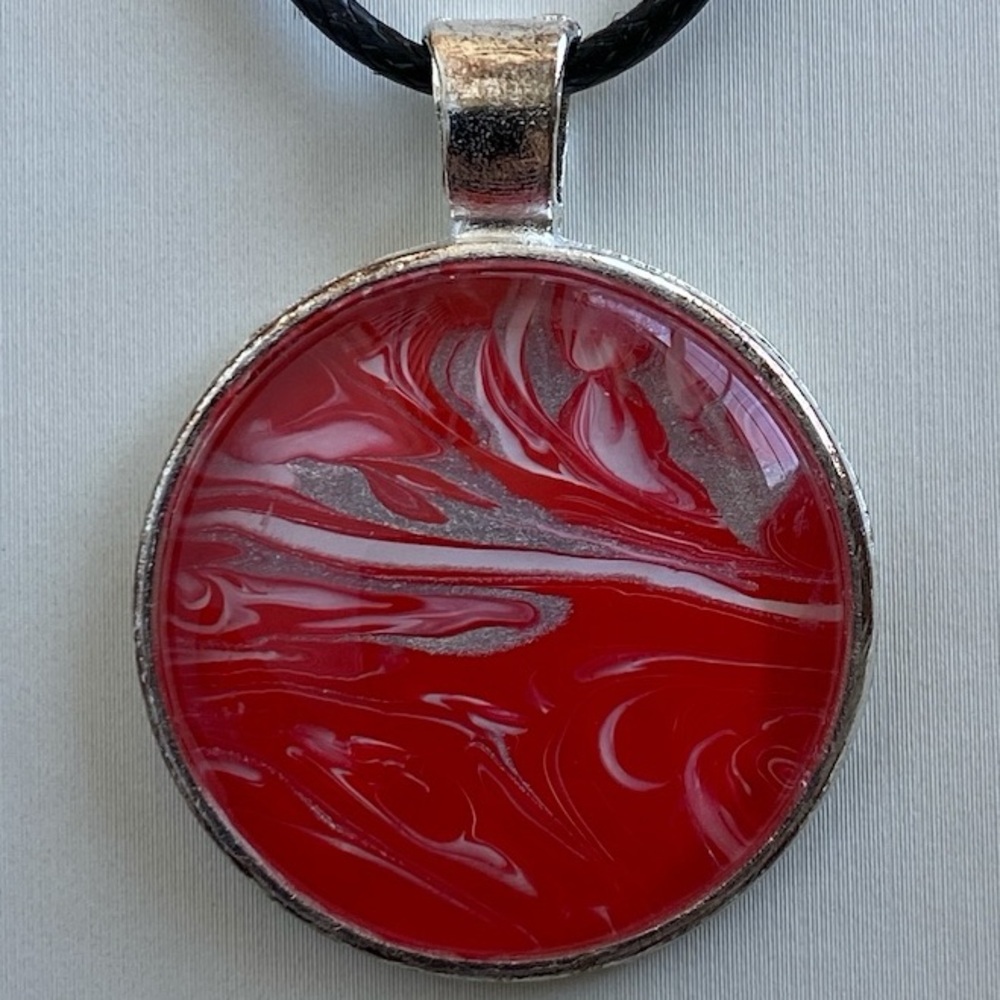 Handmade Red Silver Fluid Art Pendant Cord Necklace Glass Cabochon Jewelry Gift